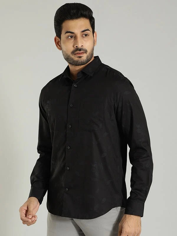 Indian Terrain Men's Slim Fit Full Sleeve Self Design Black Shirt